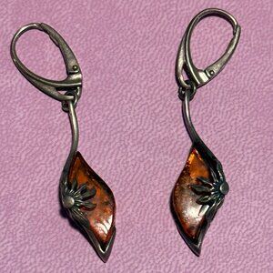 ✨ Sterling Silver 925 Baltic Amber Sunflower Drop Earrings |  Vintage Vibes